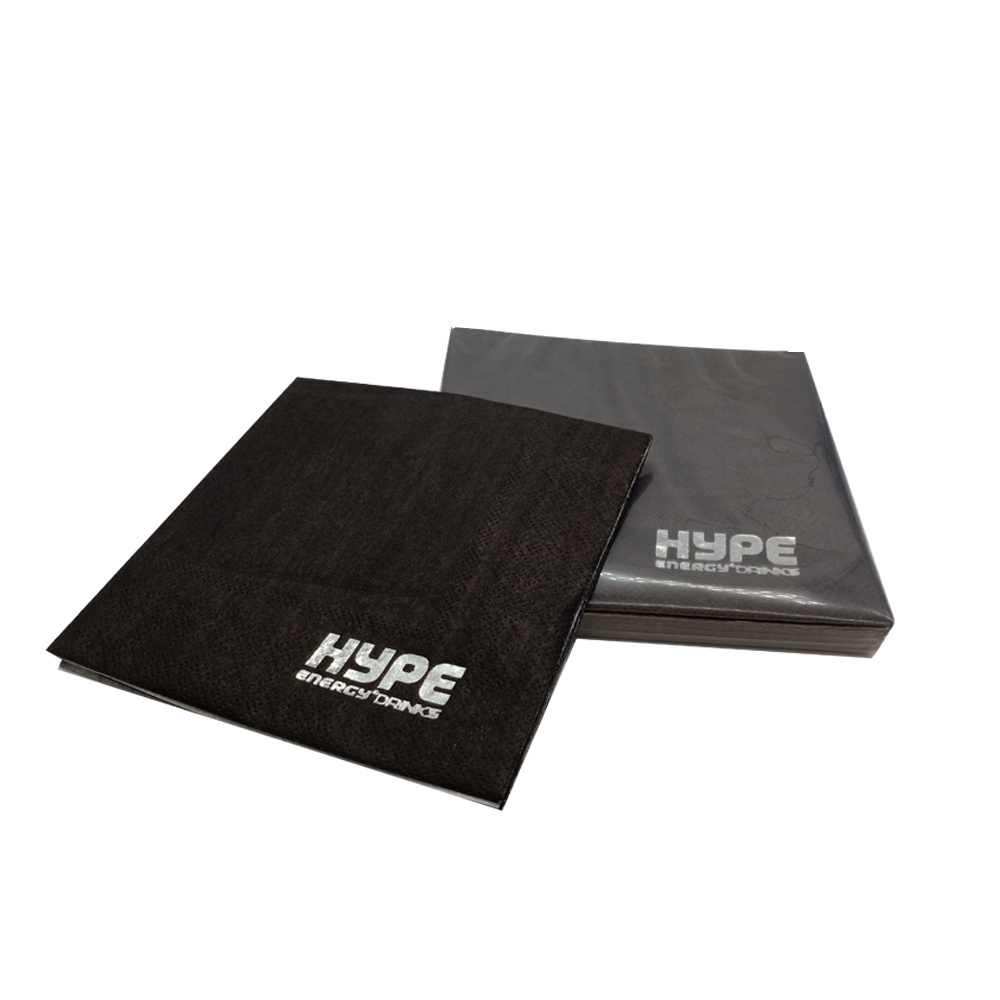 2 ply 25*25CM virgin wood pulp ironed silver airlaid cocktail paper napkin black printed foil paper napkin with logo