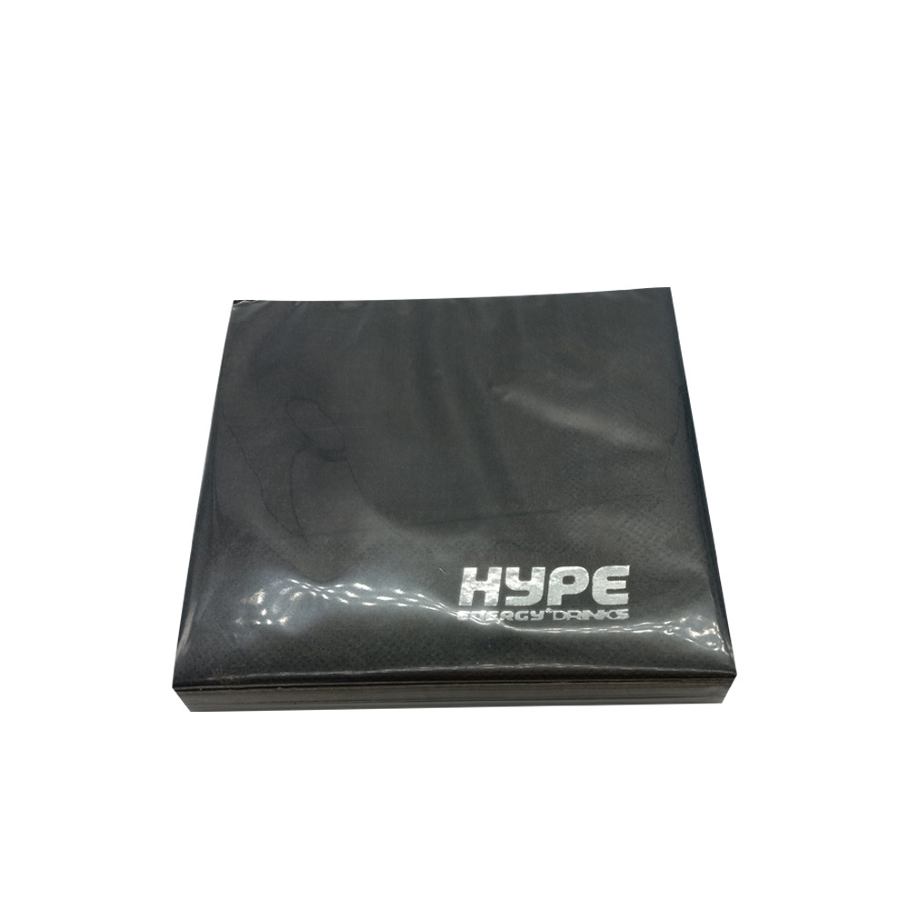 2 ply 25*25CM virgin wood pulp ironed silver airlaid cocktail paper napkin black printed foil paper napkin with logo