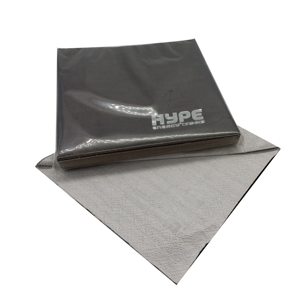 2 ply 25*25CM virgin wood pulp ironed silver airlaid cocktail paper napkin black printed foil paper napkin with logo