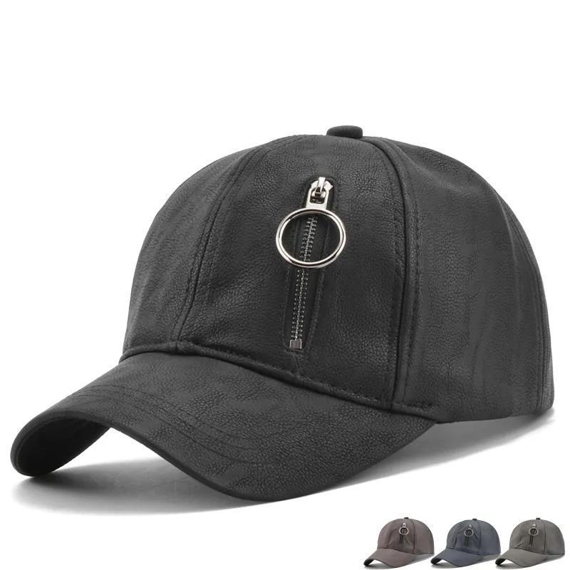 Wholesale Unique New Design Plain Black Leather Baseball Cap and Hats with Zipper Pocket