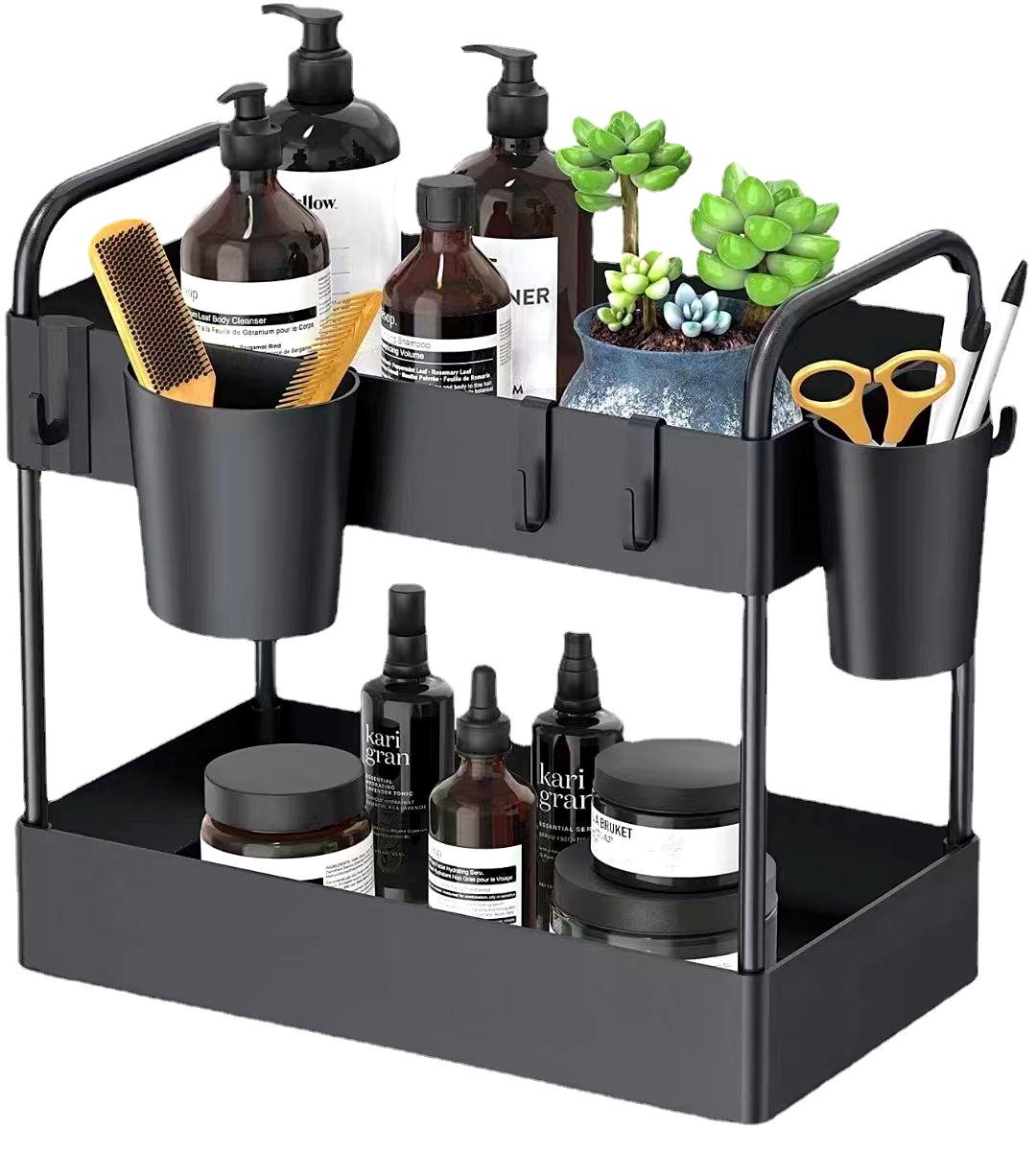 New Arrival Large Capacity Storage Under Sink Shelf with Sliding Organizer and 6 Hooks for Bathroom