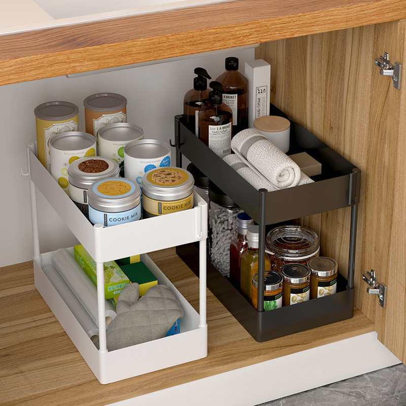 New Arrival Large Capacity Storage Under Sink Shelf with Sliding Organizer and 6 Hooks for Bathroom