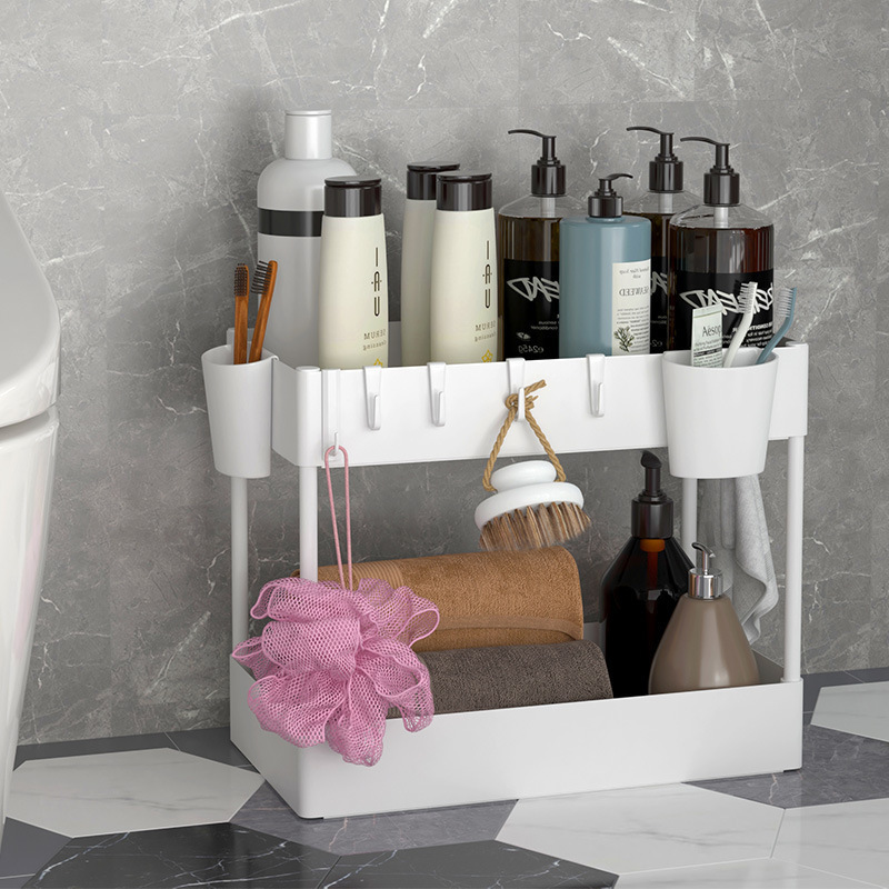 New Arrival Large Capacity Storage Under Sink Shelf with Sliding Organizer and 6 Hooks for Bathroom