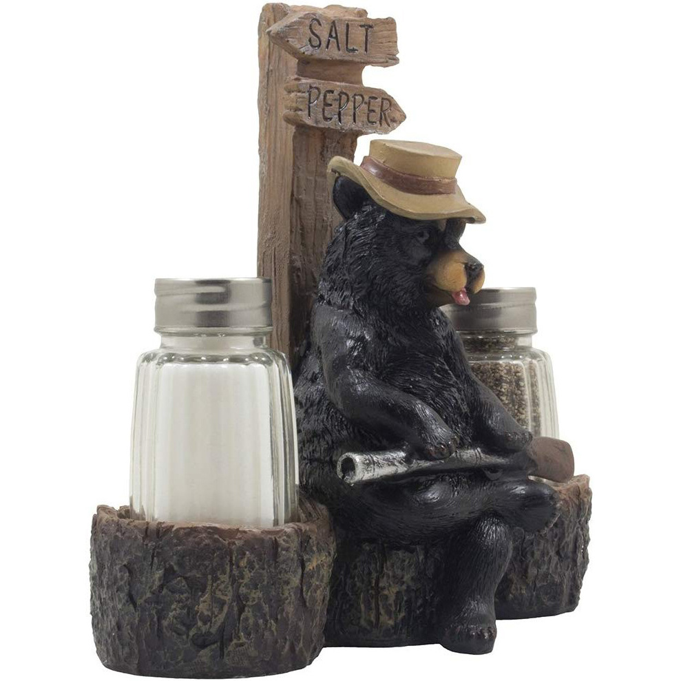 Rustic Papa Bear Overseeing Shotgun Wedding Salt and Pepper Shaker Set with Decorative Figurine Display Stand for Kitchen