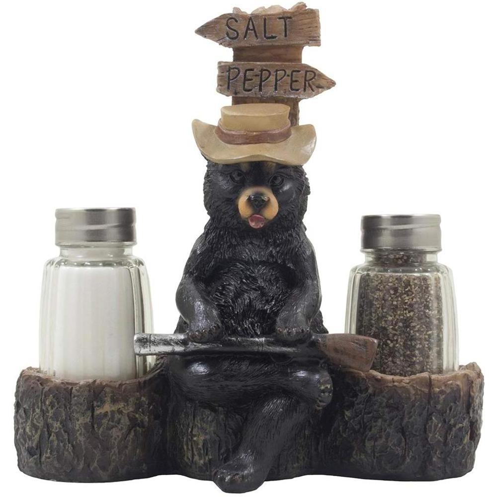 Rustic Papa Bear Overseeing Shotgun Wedding Salt and Pepper Shaker Set with Decorative Figurine Display Stand for Kitchen