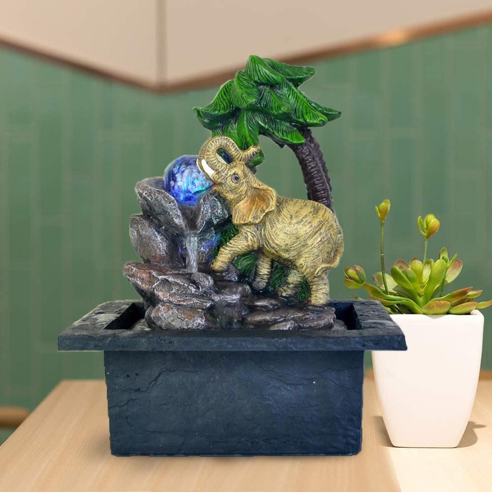 Polyresin Hand Painted LED Elephant Table Water Fountain For Indoor with Waterfall