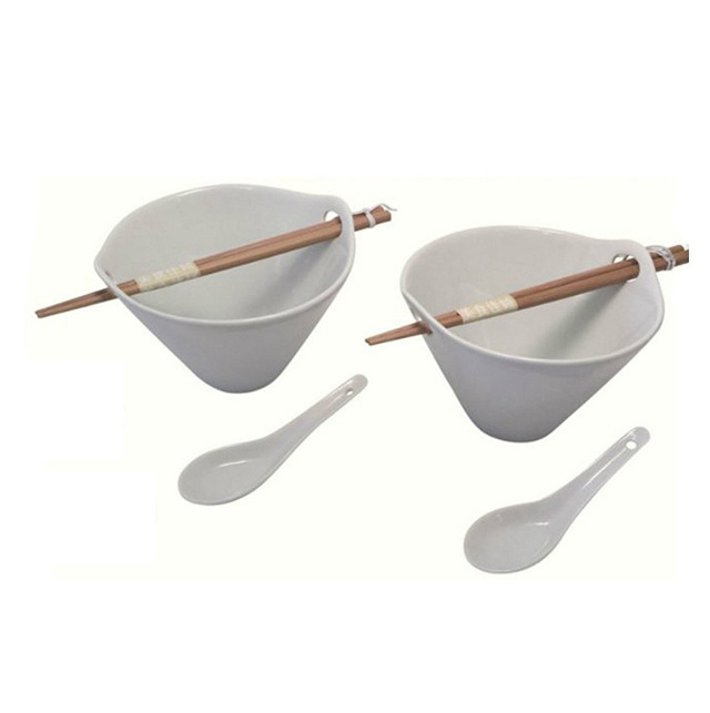 Wholesale White Porcelain Noodle Soup Bowl with Chopsticks and Ceramic Spoon