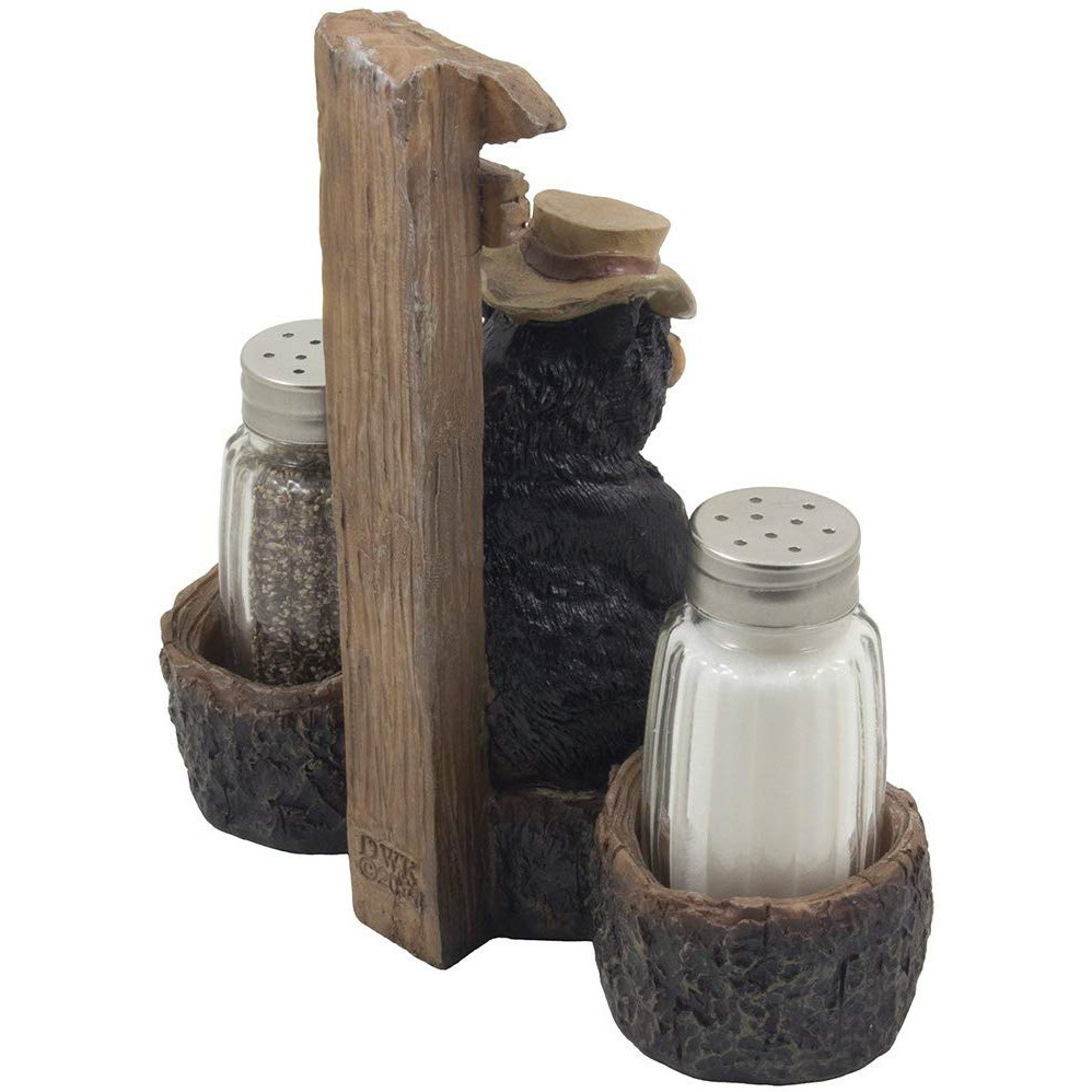 Rustic Papa Bear Overseeing Shotgun Wedding Salt and Pepper Shaker Set with Decorative Figurine Display Stand for Kitchen