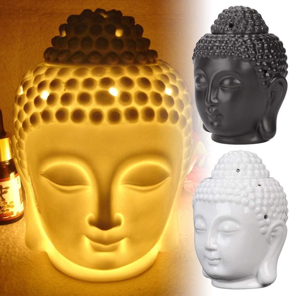 Ceramic Buddha Head Aromatherapy Aroma Oil Burner Buddha Head Ornament Ceramic Wax Melt Warmer with Spoon