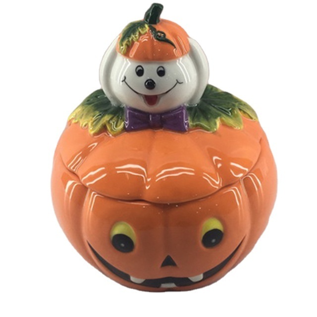 Wholesale Latest design ceramic halloween pumpkin Skull Cookie jar for holiday decoration