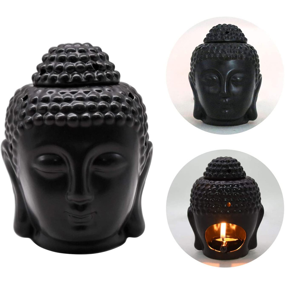 Ceramic Buddha Head Aromatherapy Aroma Oil Burner Buddha Head Ornament Ceramic Wax Melt Warmer with Spoon