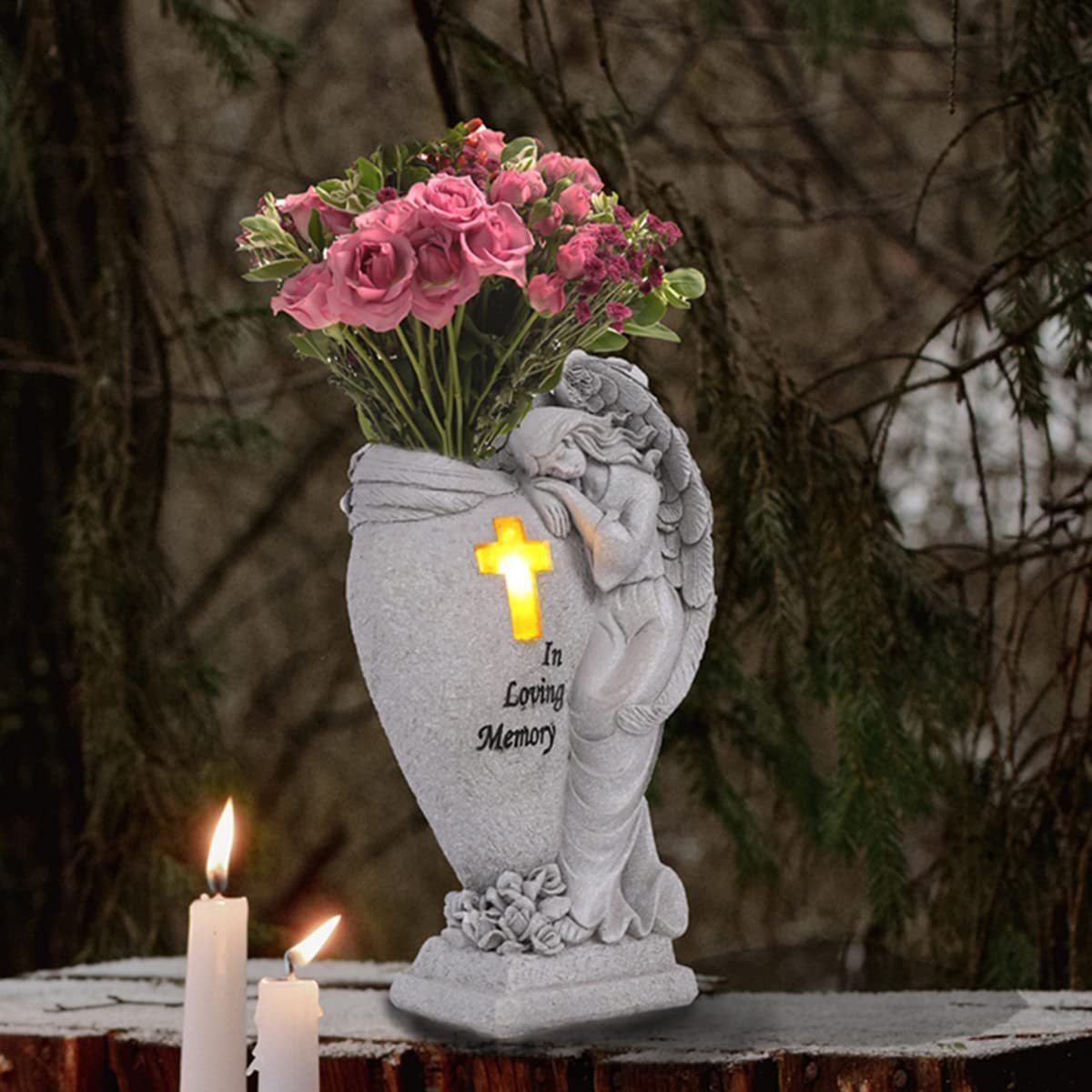 Grave Decorations,Garden Angel Statue Vases with Cross Solar LED Light