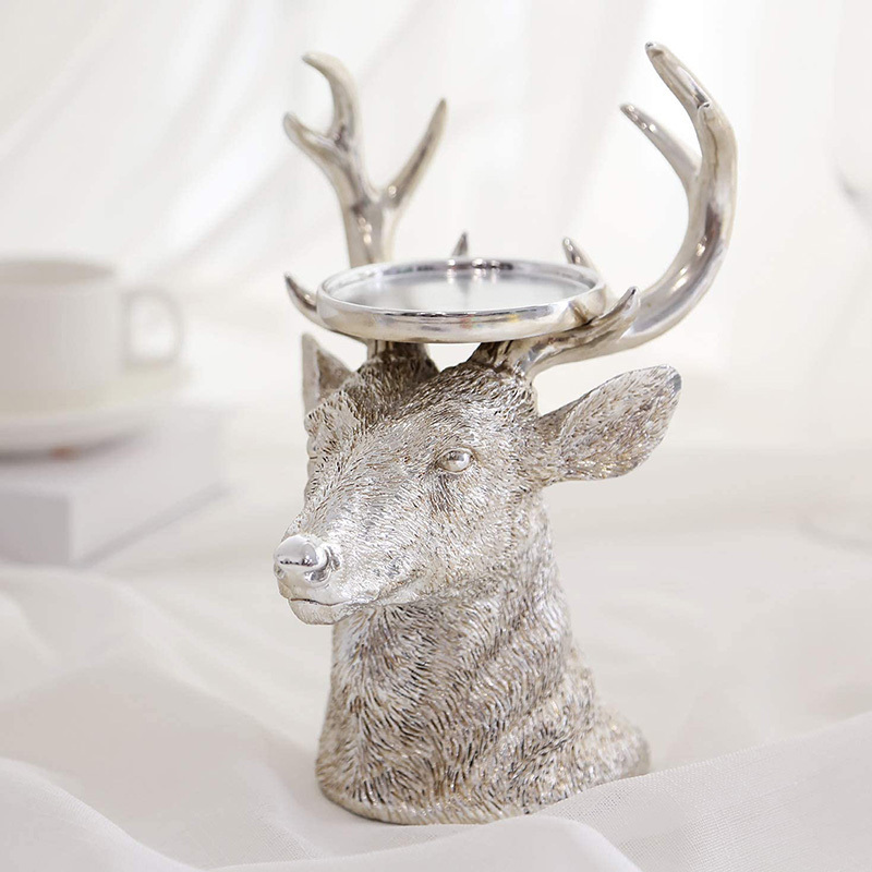 Antique Silver Resin Christmas Reindeer Candle Holder