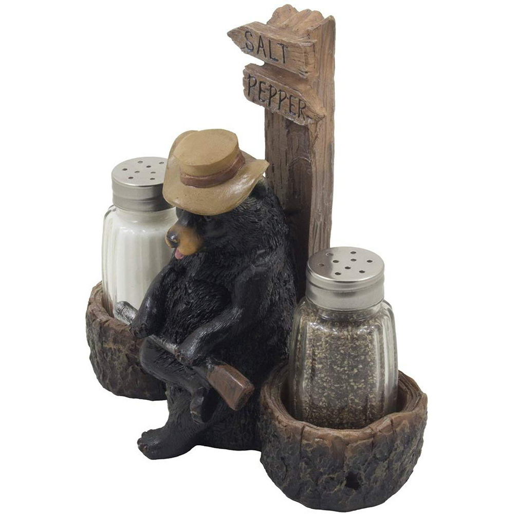 Rustic Papa Bear Overseeing Shotgun Wedding Salt and Pepper Shaker Set with Decorative Figurine Display Stand for Kitchen