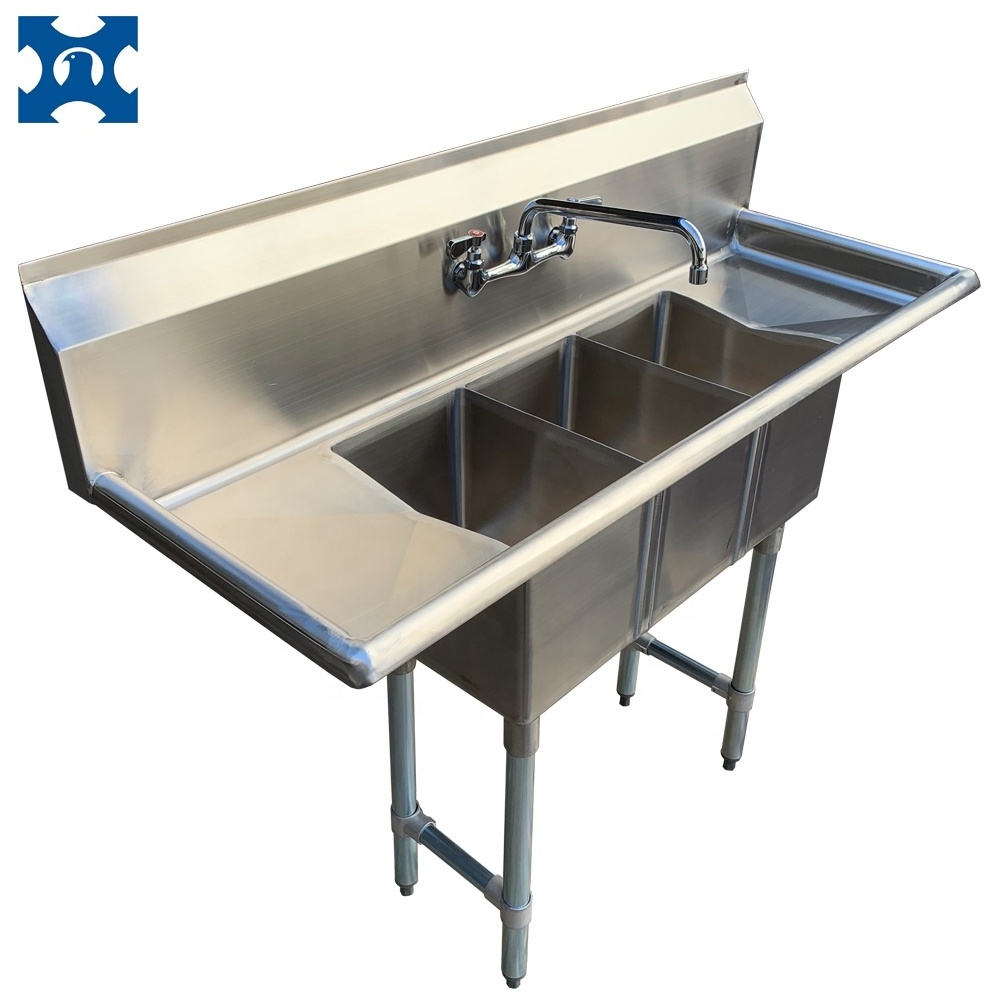 Custom Anti-corrosion stainless steel commercial kitchen 3 compartment Sink with Left & Right Drainboard for restaurant hotels