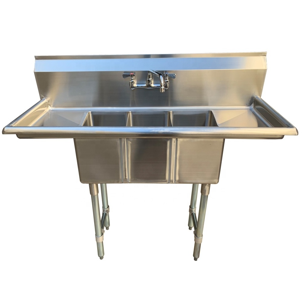 Custom Anti-corrosion stainless steel commercial kitchen 3 compartment Sink with Left & Right Drainboard for restaurant hotels