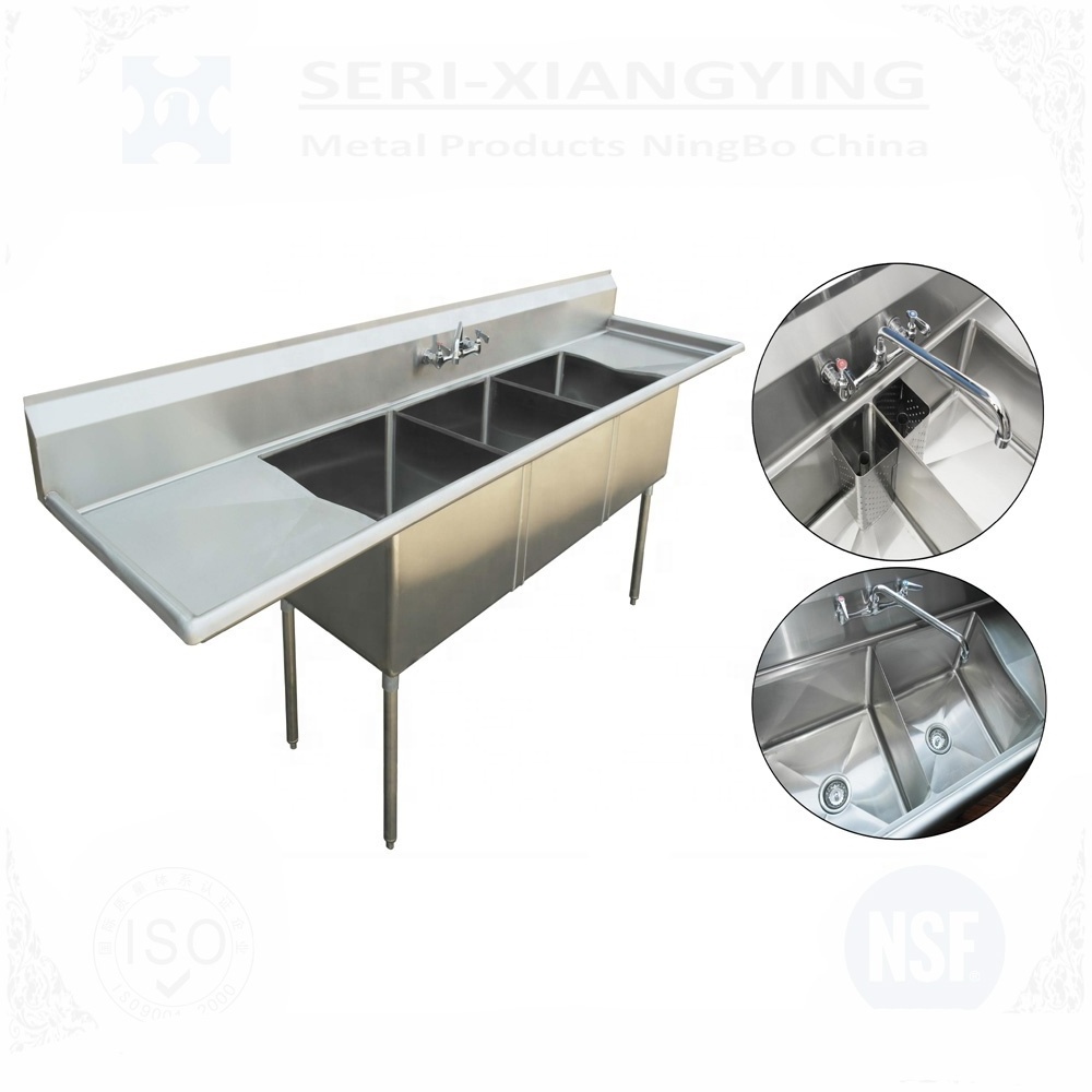 Custom Anti-corrosion stainless steel commercial kitchen 3 compartment Sink with Left & Right Drainboard for restaurant hotels