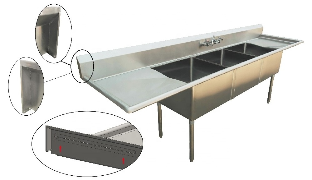 Custom Anti-corrosion stainless steel commercial kitchen 3 compartment Sink with Left & Right Drainboard for restaurant hotels