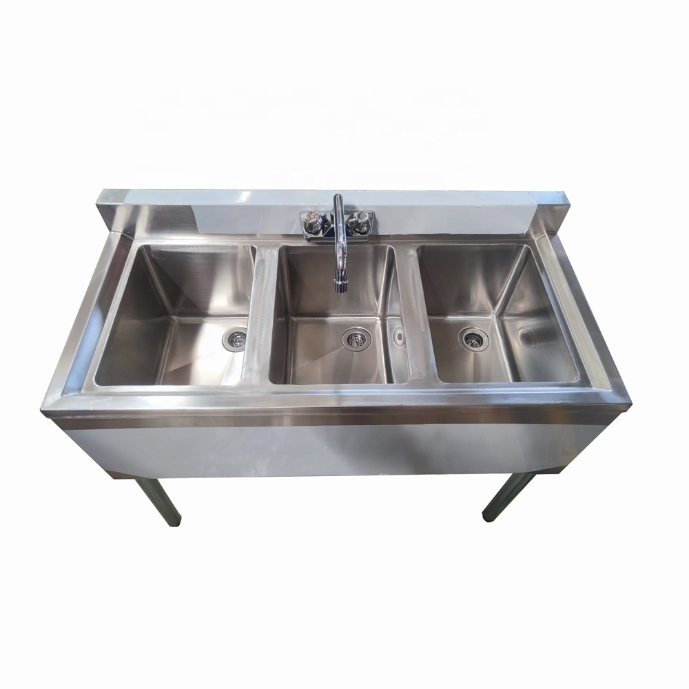 OEM ODM 304 Stainless Steel Bar Sink 3 tubs Commercial Kitchen utility sink with drain basket and faucet