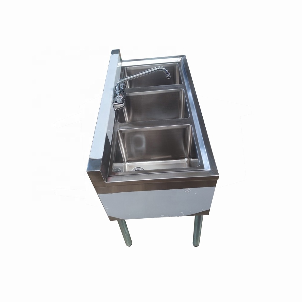 OEM ODM 304 Stainless Steel Bar Sink 3 tubs Commercial Kitchen utility sink with drain basket and faucet