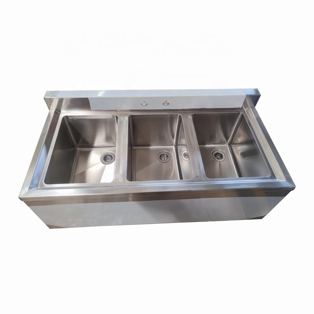 OEM ODM 304 Stainless Steel Bar Sink 3 tubs Commercial Kitchen utility sink with drain basket and faucet