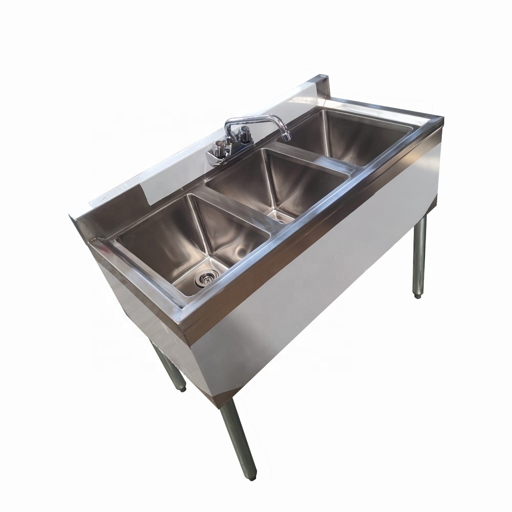 OEM ODM 304 Stainless Steel Bar Sink 3 tubs Commercial Kitchen utility sink with drain basket and faucet