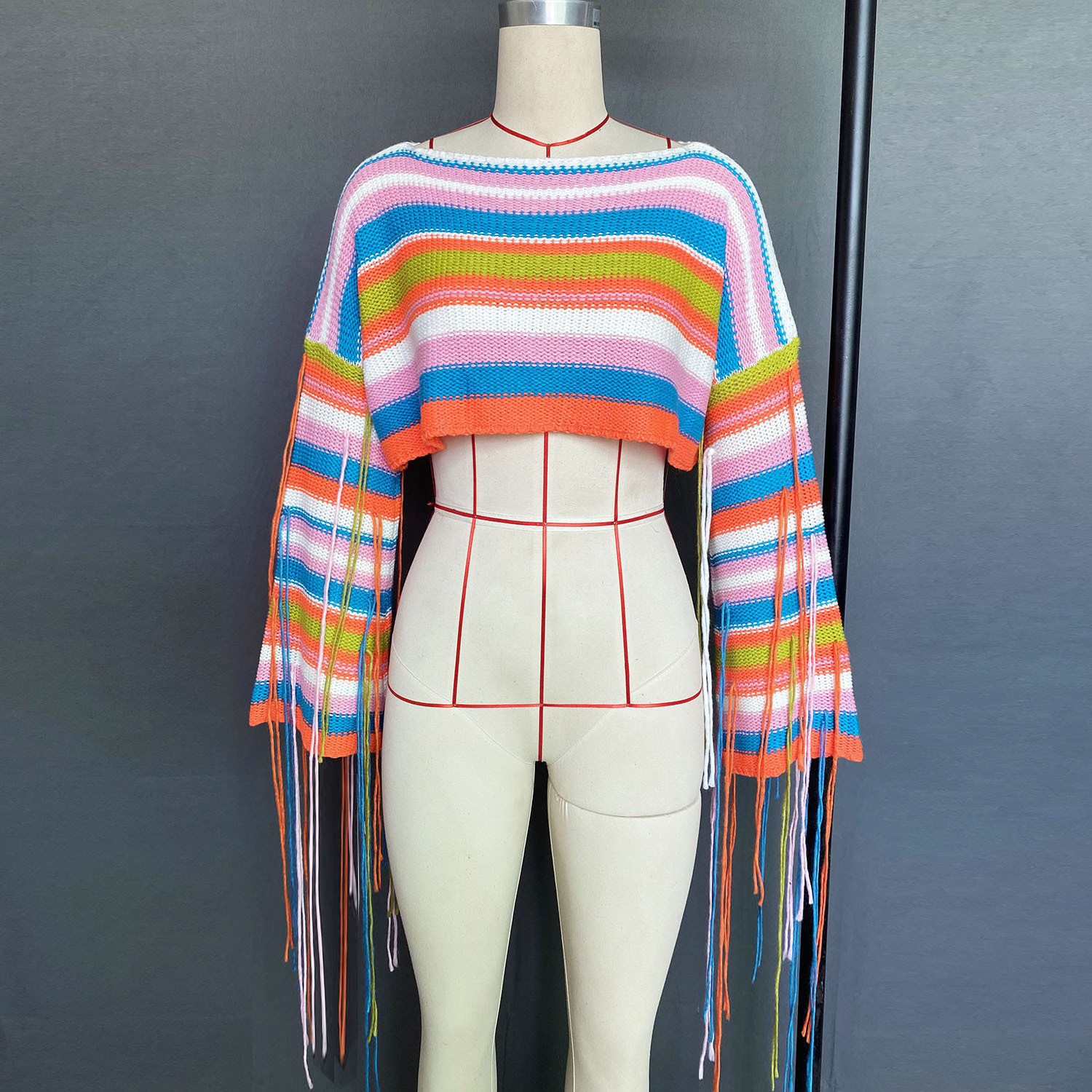 Colorful Stripe Lady Casual Pullover Spring Fall Winter Long Sleeve With Tassel Knitted Short Crop Top Sweater Women'S Sweaters