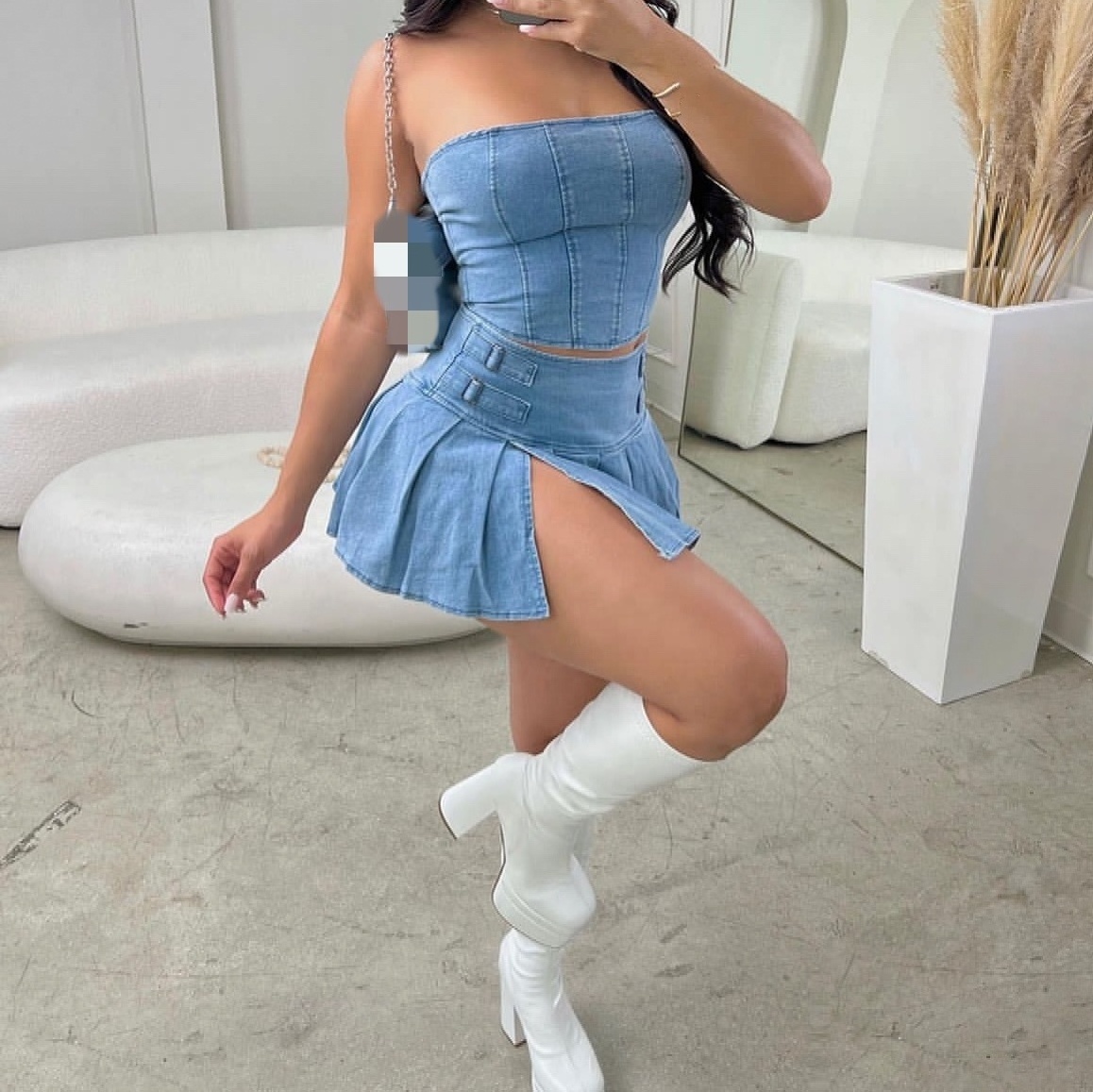 Casual Sexy Sleeveless Two Piece Split Jean Denim Vest Mini Pleated Dress Skirt Sets Women 2 Piece Outfits Women'S Skirts Set