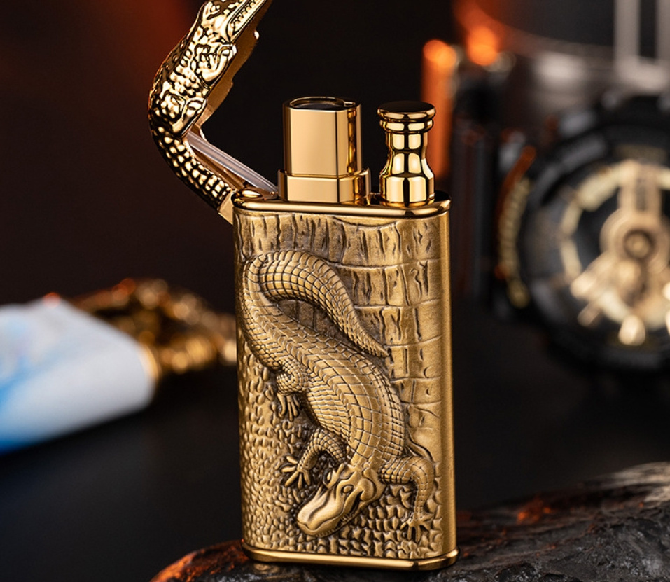 New Double Fire Crocodile Head Gas Lighter Metal Stereo Relief Direct Charge Conversion Open