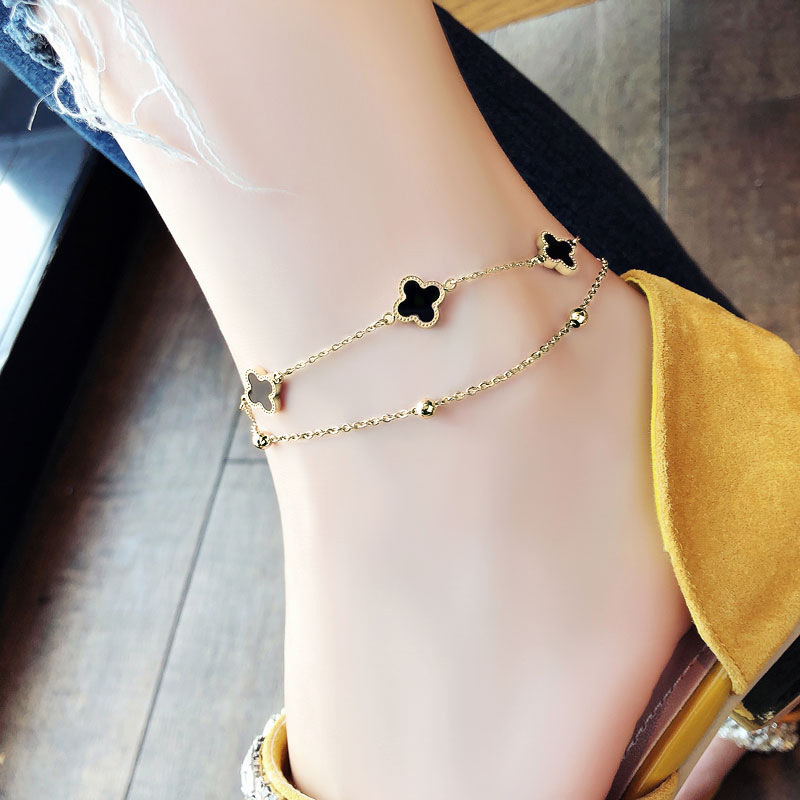 Hot Sale Fashion Jewelry Two Chains Anklet 18k Gold Plated Stainless Steel Lucky Ladies Four Leaf Clover Anklet