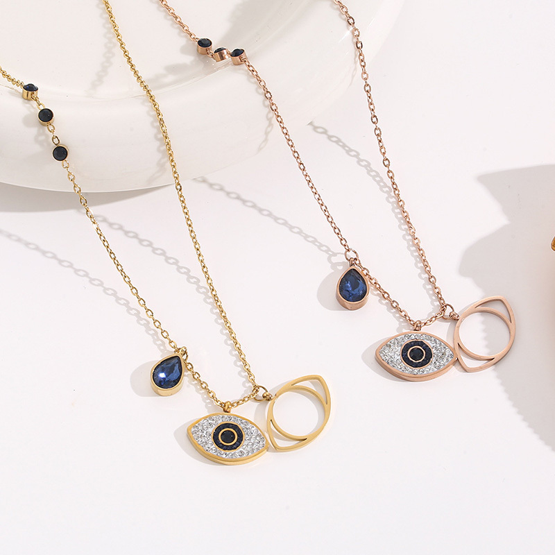 Best Selling Fashion Jewelry Non Tarnish Zirconia Devil Eyes Pendant Necklace Stainless Steel Rose Gold Plated Blue Eye Necklace