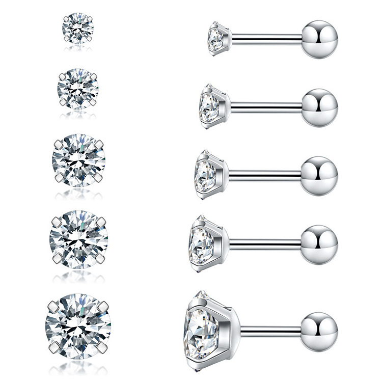 Hot Selling Stainless Steel Silver Cubic Zirconia Stud Earrings Jewelry 316L Hypoallergenic Surgical Steel Piercing Earrings