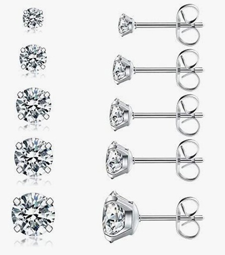 Hot Selling Stainless Steel Silver Cubic Zirconia Stud Earrings Jewelry 316L Hypoallergenic Surgical Steel Piercing Earrings