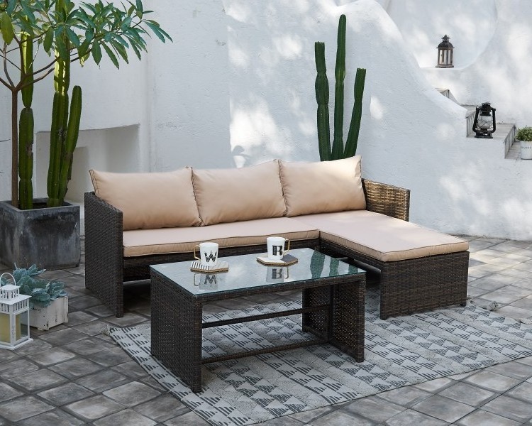 Patio Wicker Furniture Garden Sofa Set 3 Pieces Wicker Corner Lounger Set Outdoor Rattan Sofa Set For Courtyard