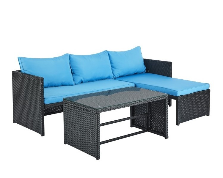 Patio Wicker Furniture Garden Sofa Set 3 Pieces Wicker Corner Lounger Set Outdoor Rattan Sofa Set For Courtyard