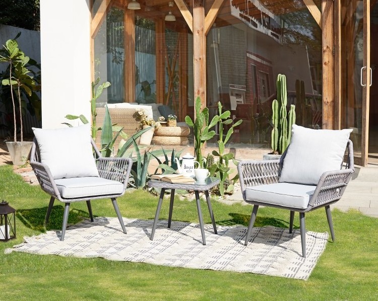 Outdoor Premium 3 Piece Garden Bistro Furniture Chat Set Frame Wicker Linen Cushion Rattan Sofa Set