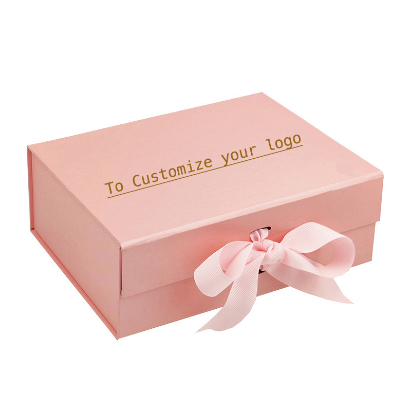 Stock cardboard box Biodegradable packaging folding magnetic pink gift box with ribbon wedding gift box for cosmetic jewelry