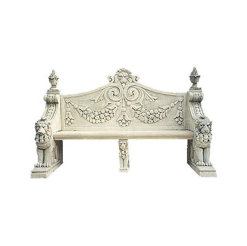 White garden stone bench with back