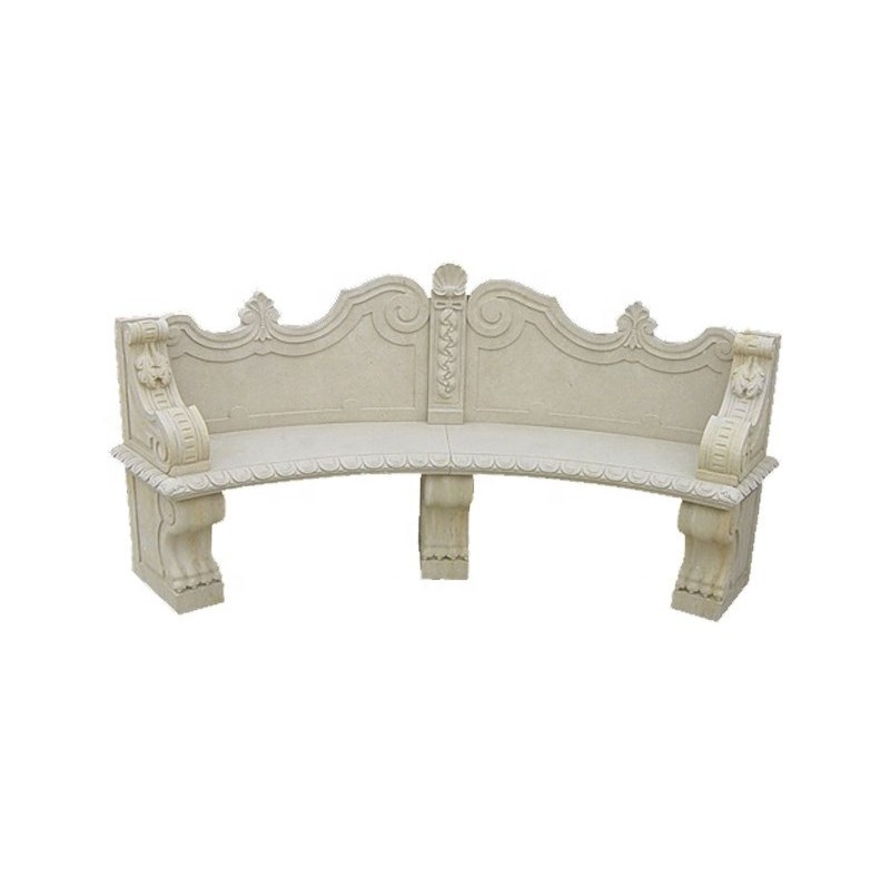 White garden stone bench with back