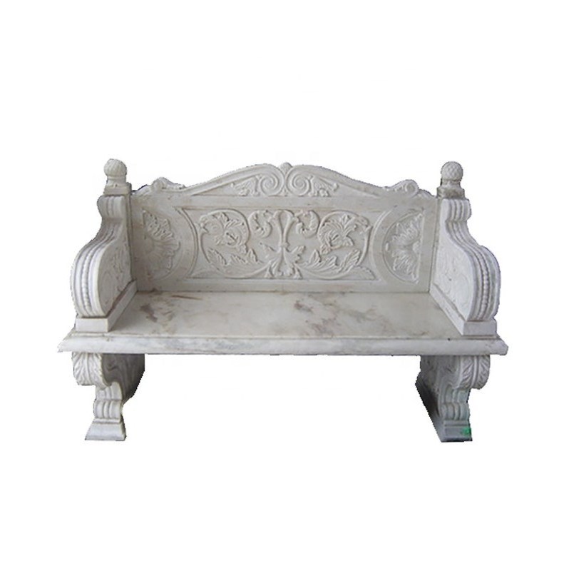 White garden stone bench with back