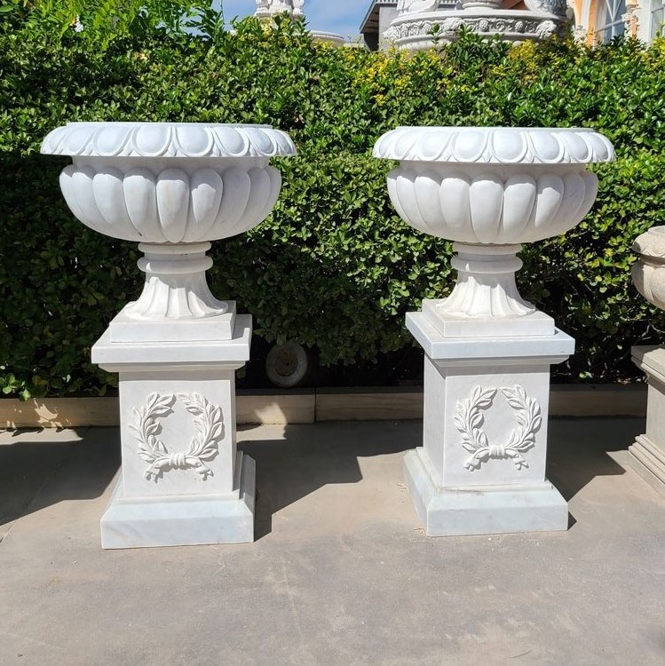 Tall Natural White Marble Garden Standing Flower Vase with Pedestal