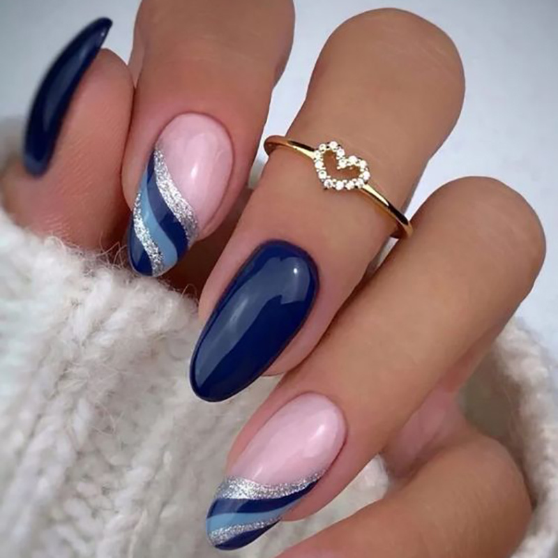 Impress nails elegant dark blue soild color press on nails packaging box daily faux ongles wearable stick on acrylic nails