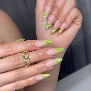 Wholesale long lasting stiletto ladies women green french nails tips marble glossy luxury private label logo custom false nails