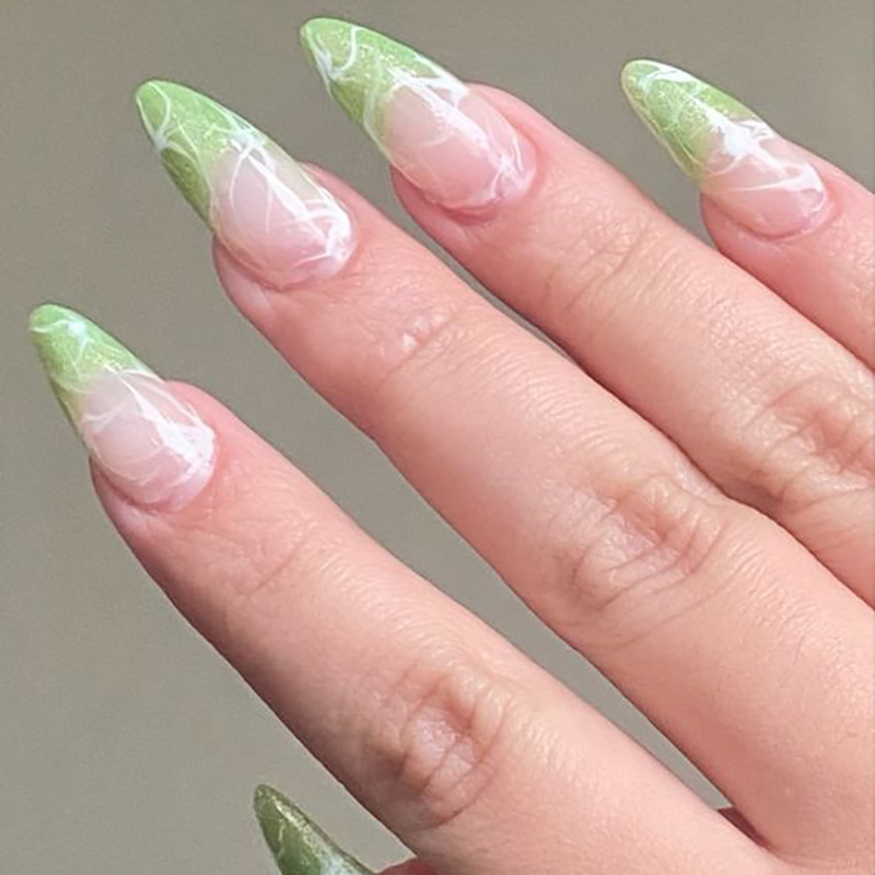 Wholesale long lasting stiletto ladies women green french nails tips marble glossy luxury private label logo custom false nails