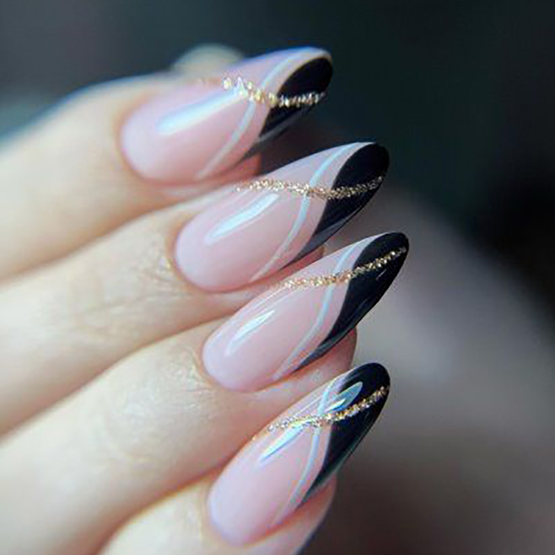 Stiletto classical pink clear press on nails gold glitter black french nails tips ABS artificial private label stick on nails