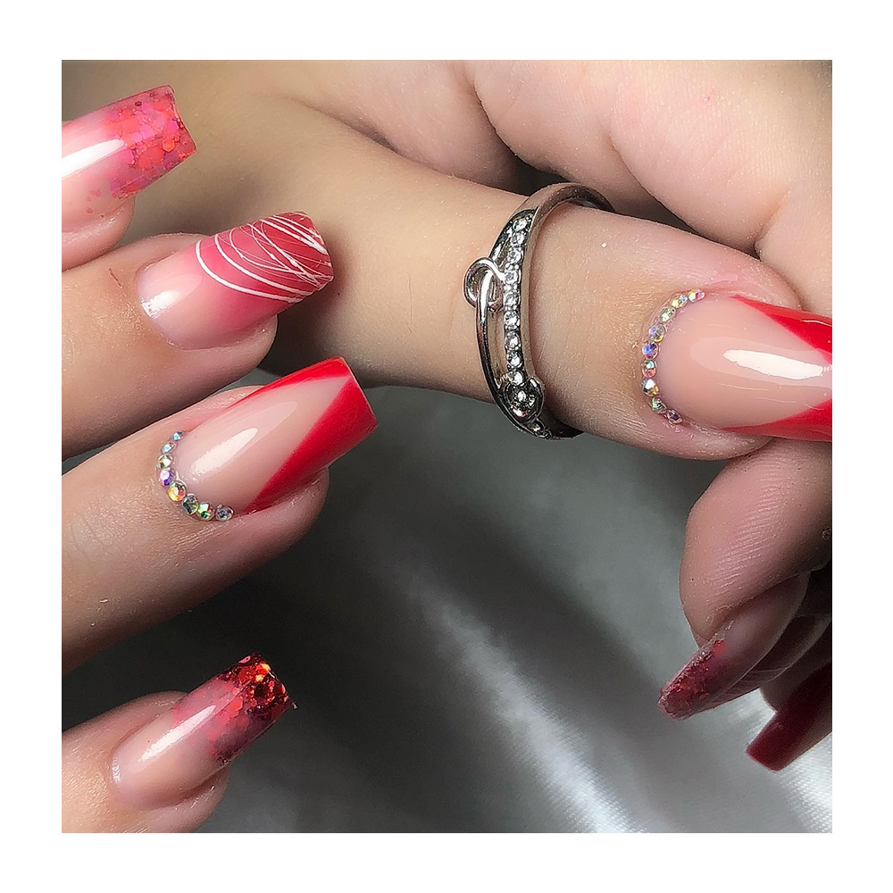 Best Designer Square Medium Length Red French Tips Clear Transparent Fingernails Beautiful Jelly Full Coverage Fake Nails