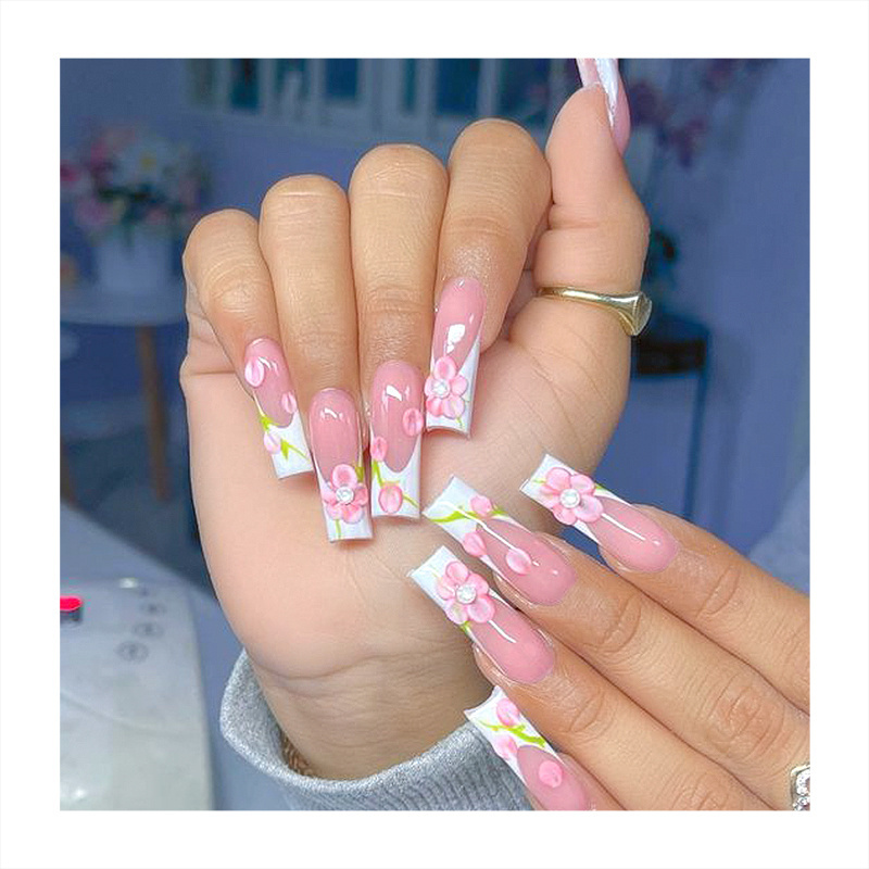 Fashion Long Coffin Colorful Faux Nails Transparent Tips Handmade White Butterfly Bow Grass Top Paint Light Color Fake Nails