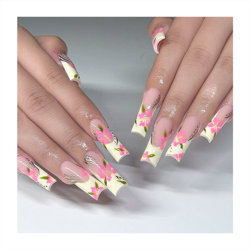 Fashion Long Coffin Colorful Faux Nails Transparent Tips Handmade White Butterfly Bow Grass Top Paint Light Color Fake Nails