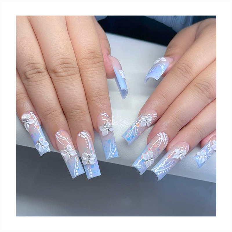 Luxury Long Coffin Press On Nails Gradient Light Blue Color Nails Tips Factory Supply Custom Wholesale Supply Vendors Fake Nails