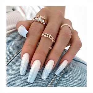 Luxury Long Coffin Press On Nails Gradient Light Blue Color Nails Tips Factory Supply Custom Wholesale Supply Vendors Fake Nails